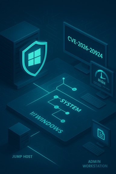 Cybersecurity illustration of a Windows system with CVE-2026-20924, shield, and admin workstation.