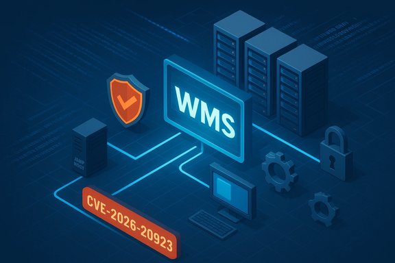 Cybersecurity diagram of a WMS system with servers, shield, lock, and CVE-2026-20923.