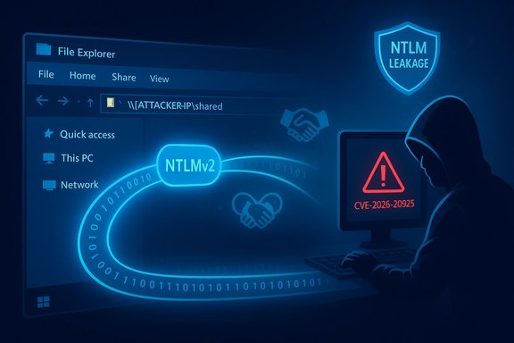 Hooded hacker exploiting NTLMv2 leakage via CVE-2026-20925 in a neon cybersecurity illustration.