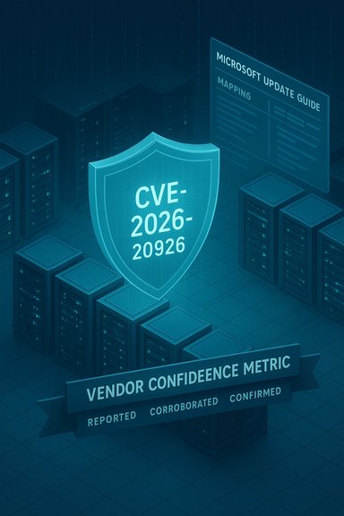 Data center illustration with a glowing shield labeled CVE-2026-20926 and a vendor confidence metric.