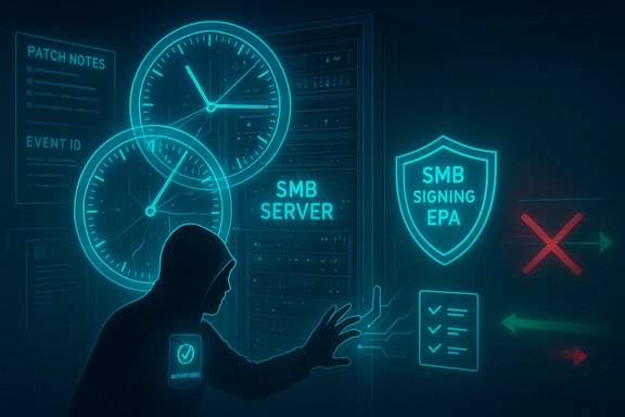 A hooded figure reaches toward a glowing SMB server, surrounded by neon clocks and security shields.