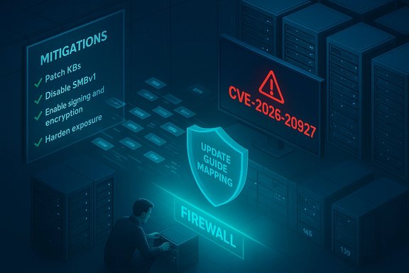 Data center technician with a CVE-2026-20927 warning, glowing firewall shield, and mitigation steps displayed.