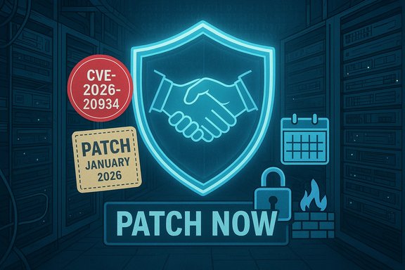 Neon shield handshake in a data center, with CVE patch notices and a 'Patch Now' prompt.