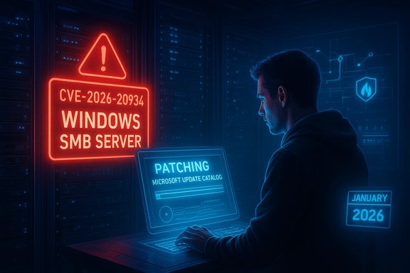 A security analyst patches Windows SMB server CVE-2026-20934 in a neon-lit data center.