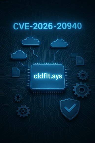 Blue neon circuit board with a chip labeled cldflt.sys, cloud icons, gears, and CVE-2026-20940.
