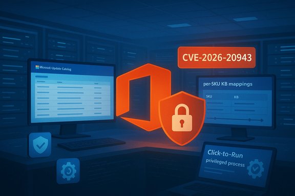 CVE-2026-20943 vulnerability depicted in a secure IT environment with lock and shield icons.