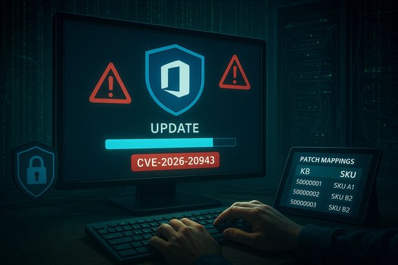 Security update in progress for CVE-2026-20943, with warning icons and patch mappings.