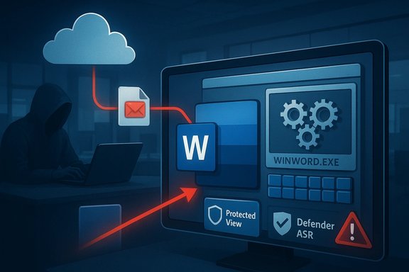 A hooded hacker infiltrates cloud and email data into a WinWord security interface.