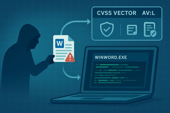 Hooded hacker holds a Word document with a warning symbol, targeting Winword.exe on a laptop.