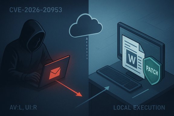 Hooded hacker exploits CVE-2026-20953 to gain local execution via cloud delivery.
