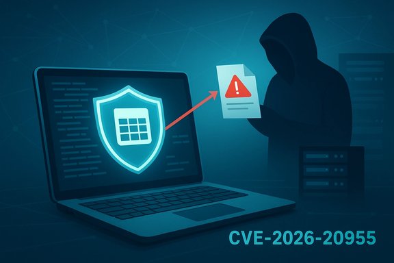 Hooded hacker targets a laptop with a shield symbol and CVE-2026-20955 warning.