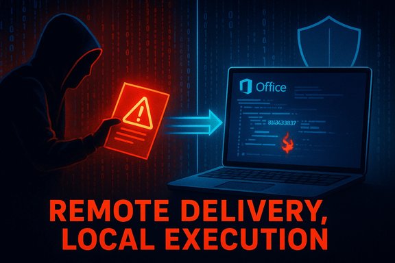 Hooded hacker delivers a warning to a laptop, illustrating remote delivery and local execution.