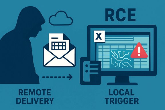 Hooded attacker uses remote delivery to trigger local RCE on a computer.