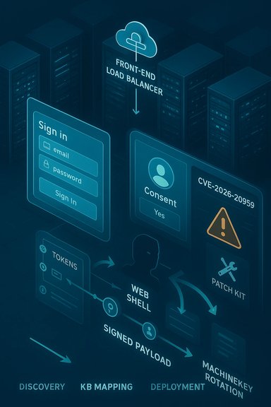 Isometric infographic showing a cloud-based front-end load balancer and security deployment workflow.