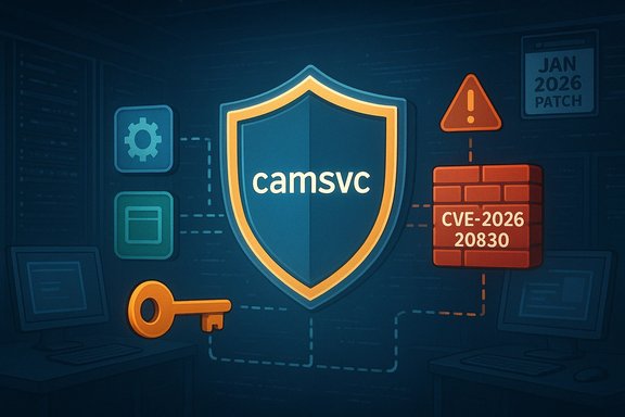 Security shield with 'camsvc', key, gear, and CVE-2026 patch icons.