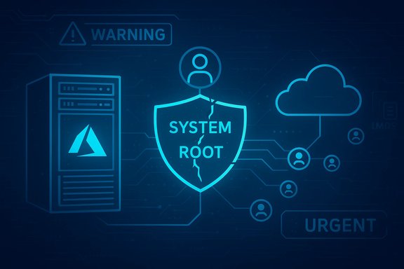 Cracked system root shield with server and cloud nodes, signaling a cybersecurity warning.