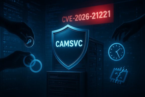 A server rack with a glowing CAMSVC shield, amid blue cybersecurity icons and a CVE warning.
