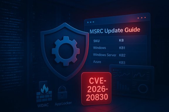 Cybersecurity illustration featuring a shield with a gear, an MSRC Update Guide, and a CVE-2026-20830 alert.