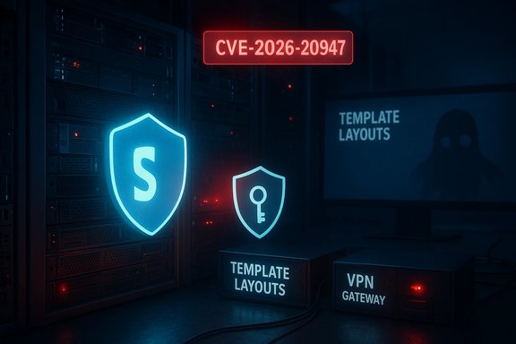 Neon blue security shields glow in a dark data center beside a CVE tag and VPN gateway.