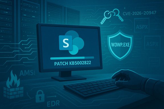 Monitor displays a SharePoint patch KB5002822 progress in a cybersecurity-themed setup.