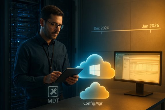 An IT specialist uses a tablet beside glowing ConfigMgr and MDT clouds in a server room. An IT specialist uses a tablet beside glowing ConfigMgr and MDT clouds in a server room.