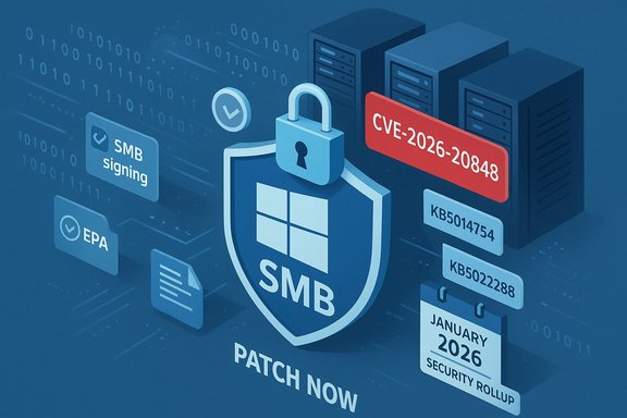 SMB security patch with CVE-2026-20848; January 2026 security rollup—Patch now.