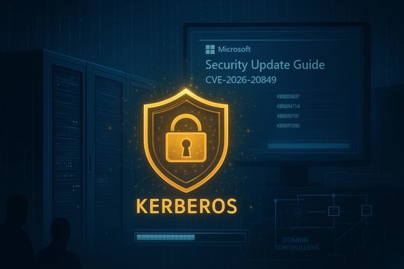 A glowing Kerberos shield with a lock sits in a data center beside a Microsoft Security Update Guide screen.