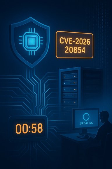 CVE-2026-20854 alert in a security lab with a shield, servers, and a technician updating software.