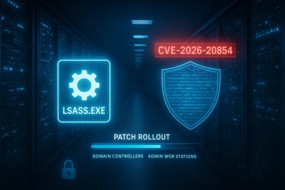 Futuristic data center with neon holograms displaying LSASS.EXE, a CVE alert, and patch rollout.