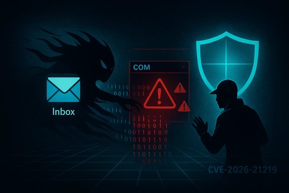 Cyberattack on inbox with warning symbols and a protective shield (CVE-2026-21219).