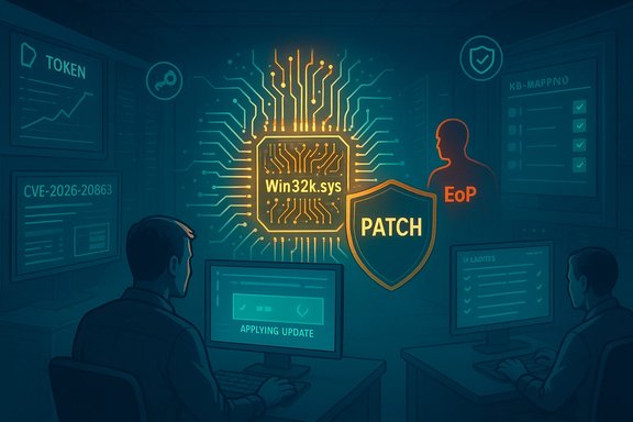 Cybersecurity team patches Win32k.sys vulnerability with a glowing central chip.
