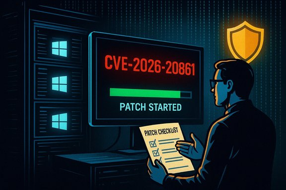 Tech worker tracks patch progress for CVE-2026-20861 on Windows servers. Tech worker tracks patch progress for CVE-2026-20861 on Windows servers.