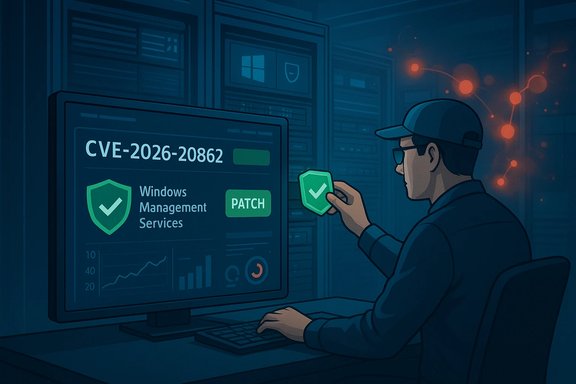 An IT technician patches CVE-2026-20862 for Windows Management Services on a server dashboard.