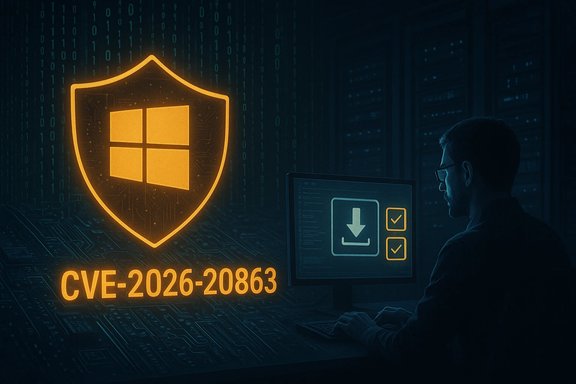 Security analyst at a data center watches a neon shield icon and CVE-2026-20863 on screen.