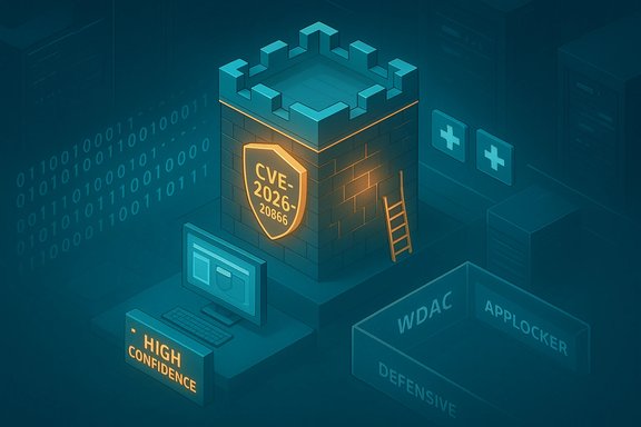 Fortress-style cybersecurity scene guarding CVE-2026-20866 with WDAC and AppLocker.