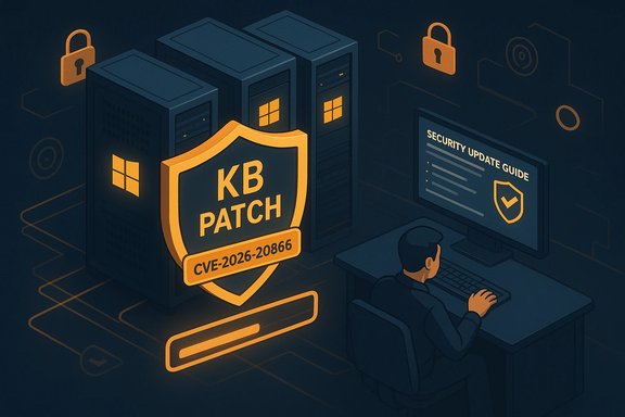 A KB Patch shield defends servers against CVE-2026-20866 while a security update guide is displayed.