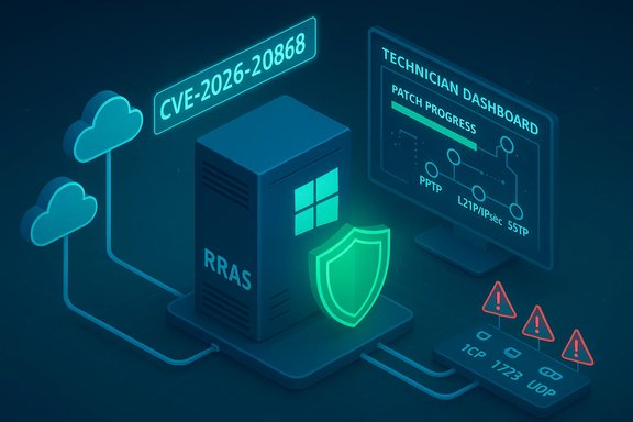 A cyber-security diagram showing an RRAS server with a shield, cloud links, and a patch-progress dashboard for CVE-2026-20868.