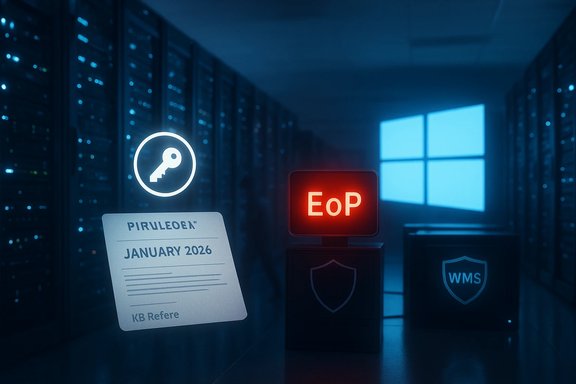 Dim data center with rows of servers, a glowing key icon, and a red EoP alert on a security display.