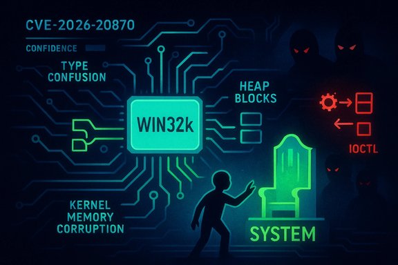 Illustration of a Win32k kernel memory corruption exploit (CVE-2026-20870) targeting the system.
