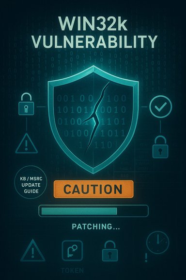 Illustration of patching a Win32k vulnerability with a shield and caution signs.