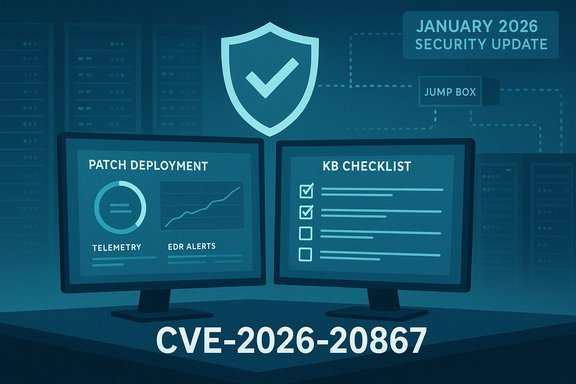 Security dashboards display patch deployment and a KB checklist for CVE-2026-20867.