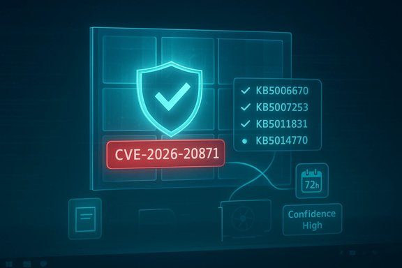 A cybersecurity dashboard highlights CVE-2026-20871 with a shield icon and a checklist.