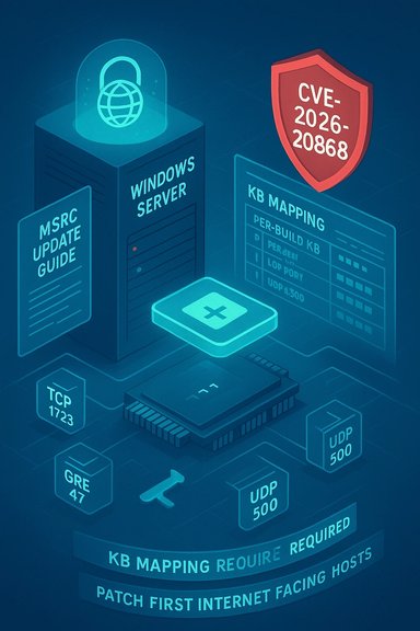 Isometric illustration of Windows Server with MSRC updates, KB mapping, and CVE-2026-20868 shield.