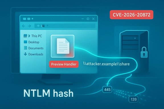 Cybersecurity illustration of NTLM hash theft via a network share toward an attacker.