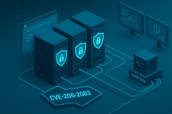 Isometric data center with secured servers bearing shield icons and a jump box labeled CVE-206-2083.