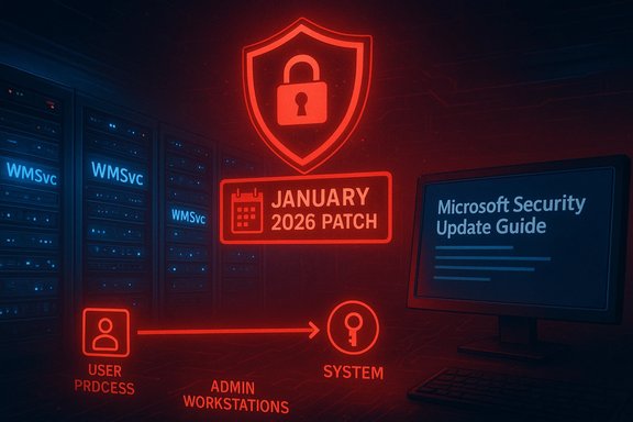 Neon red security diagram in a data center illustrating the January 2026 patch process from user to system.