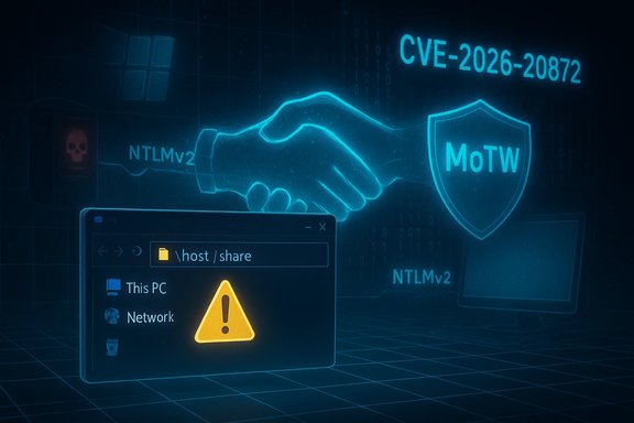 Blue cybersecurity scene showing a handshake, shield, NTLMv2, CVE-2026-20872, and a warning alert.