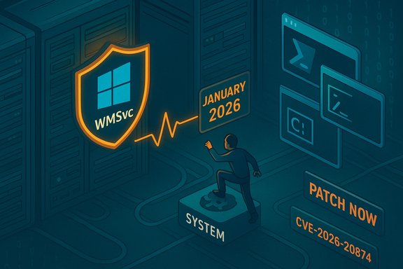 Data center scene urging patch now for WMSVC CVE-2026-20874 by January 2026.