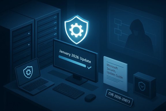 A security update workstation with servers, shield graphics, and a monitor showing “January 2026 Update” progress.