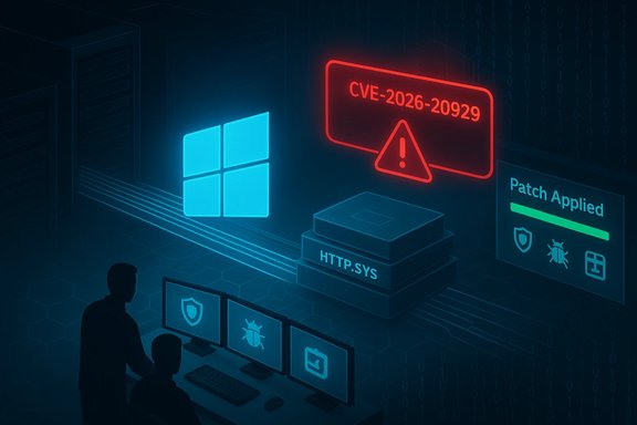 Futuristic data center with a red CVE alert, blue Windows logo, and patch progress for HTTP.SYS.